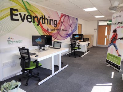 Interior of Kirkby in Ashfield Library and Learning Centre, showing some public PCs as part of the new refurbishments