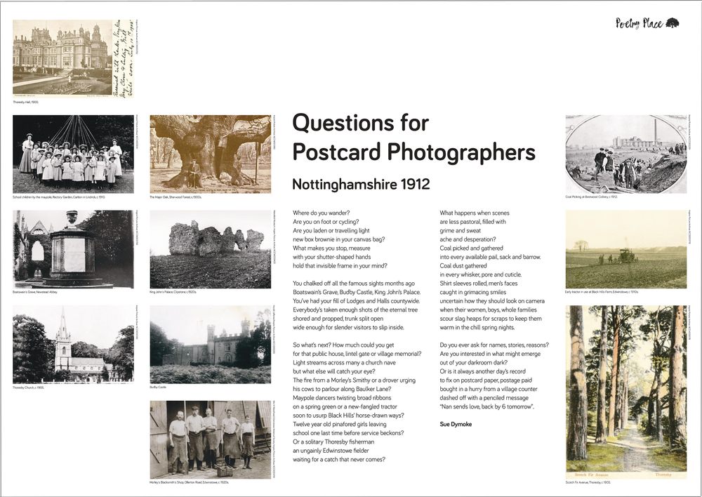 Exhibition panel featuring the poem Questions for Postcard Photographers and a selection of archive photographs