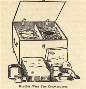 Old illustration of a hay box cooker