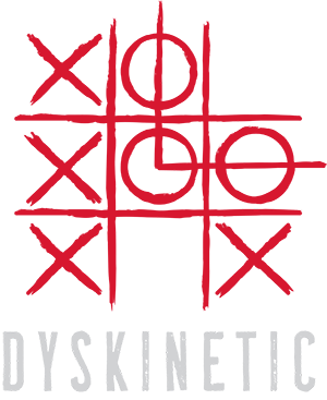 Dyskinetik logo red nought and crosses with the name Dyskinetic in grey underneath