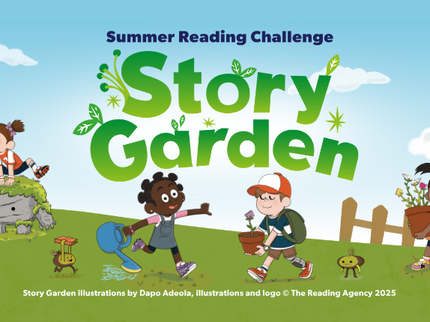 A banner featuring cartoon kids drawn by Dapo Adeola for the Summer Reading Challenge 2025.