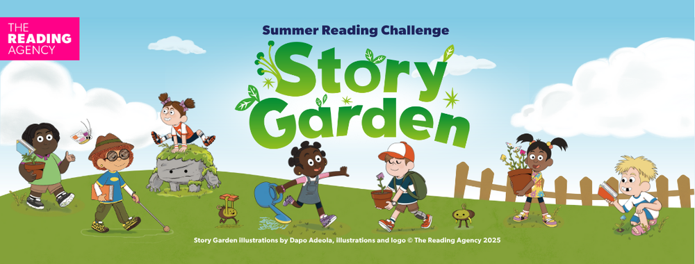 A banner featuring cartoon kids drawn by Dapo Adeola for the Summer Reading Challenge 2025.