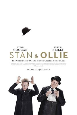 Movie poster for Stan & Ollie showing two adult men dressed in black suits in comic poses.