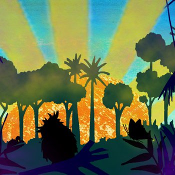 Illustrated rainforest with sun rising in background