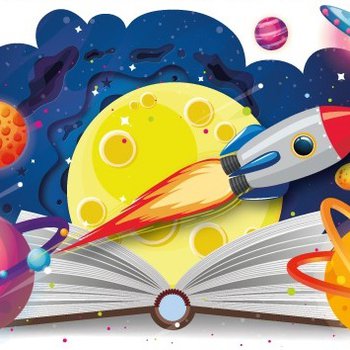 Illustrated rocket against large moon and planets above an opened book.