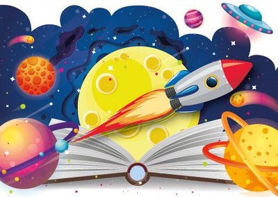 Graphic drawing of an open book with a space scene. There is a rocket shooting across the galaxy in front of a large planet.